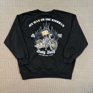 Betty Boop Motorcycle Club Crewneck Sweatshirt Women XL Black Biker Y2K Boxy Fit